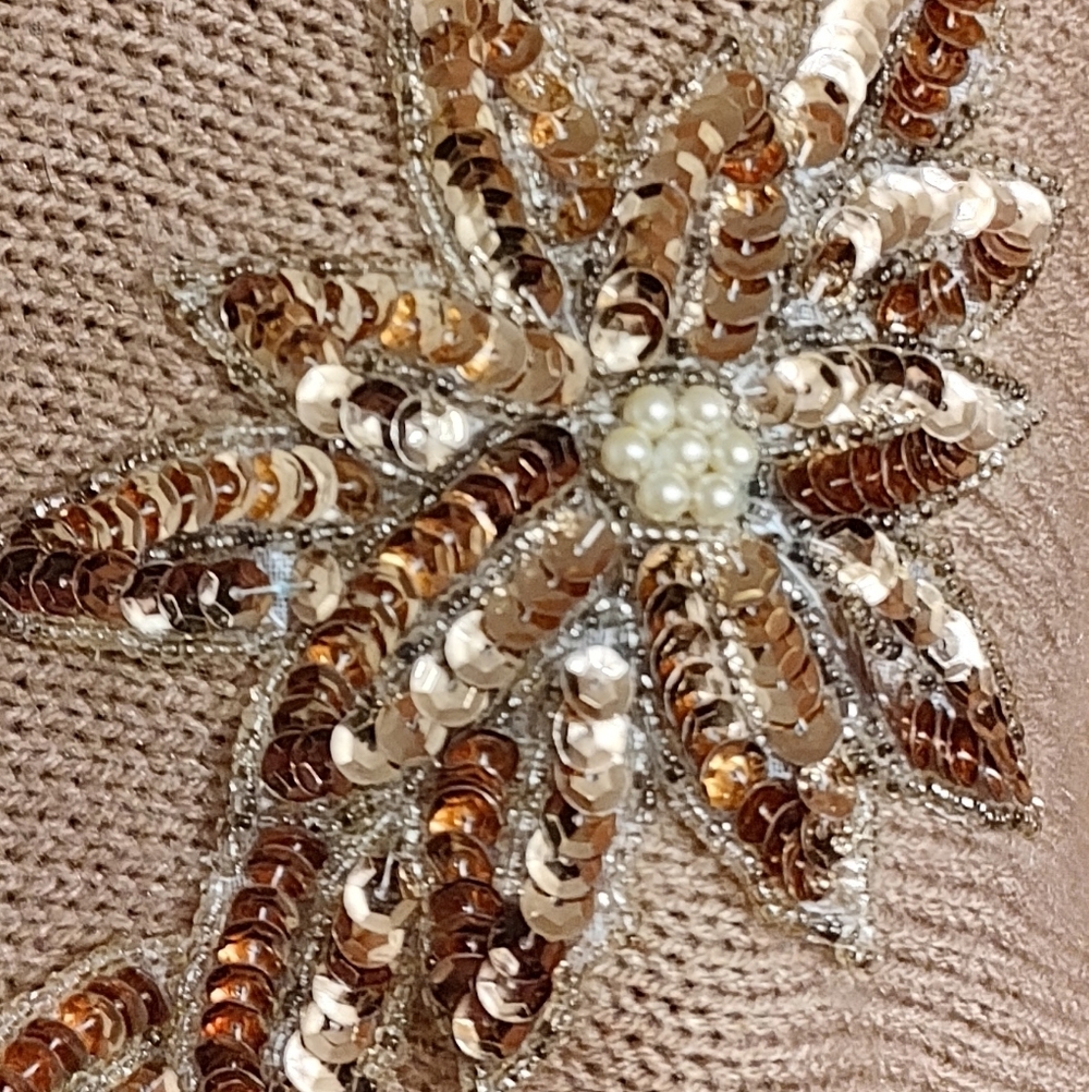🔸🤎🔸Amazing Vtg 80's Mocha Caramel Tan Dolman Cable Knit Sequin Sweater - M/L - Picture 12 of 15
